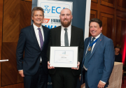 Left to right: Edmundson Electrical managing director Mark Felber, ECA Edmundson apprentice of the year 2019 Dillion Jones, and ECA president Jim Pridham.