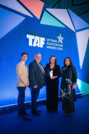 Ben Hanlin the awards host, James Verlaque and Erica Malkin from the SIA, and Ayesha Patel from the Department for Business and Trade
