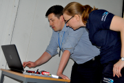 BSRIA technicians analyse the data following live tests of the new heat pump-based air curtain. 