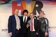 Left to right: Steven Booth of Guardian Water Treatment; comedian and HVR Awards host, Tom Ward; Steve Munn of Hevasure; and HVR Awards judge Laura Bishop of Infitas Design.