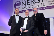 Left to right: Jonathan Winston, Carbon Trust; Dr Owen Connick, Breathing Buildings; Simon Evan, comedian and Energy Awards host.