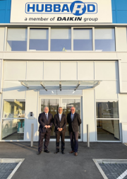 Scott Kavanagh, head of commercial business, Ilias Katsoulis, managing director (c), retiring commercial director, Dougie Stoddart (R) pictured at Hubbard Products new state-of-the-art manufacturing facility.  