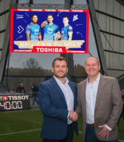 Big Screen partners: England and Sales Sharks legend Mark Cueto (left) with Toshiba managing director David Dunn, pictured with the giant match screen at the club’s AJ Bell Stadium