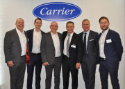 Carrier’s top team line up with England cricket legend, Alec Stewart: 
(L to R): David Dunn, MD of TCUK; Bertrand Rotagnon, country leader UK & sales director Applied North Europe; Neil Hitching, marketing director, UK and Nordics; Didier Genois, vice president of Carrier HVAC-Commercial, Europe; Alec Stewart, England and Surrey Cricketing legend; Paul Smith, sales director – Applied, Carrier UK
