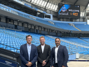 Official signing of the partnership agreement at Manchester City’s Etihad Stadium. From left to right, Dave Evans, chief executive officer, Highbourne Group, Steve Robinson, managing director, Midea Cooling & Heating UK and Hemal Morjaria, managing director - Energy Efficiency & Electrical, City Plumbing