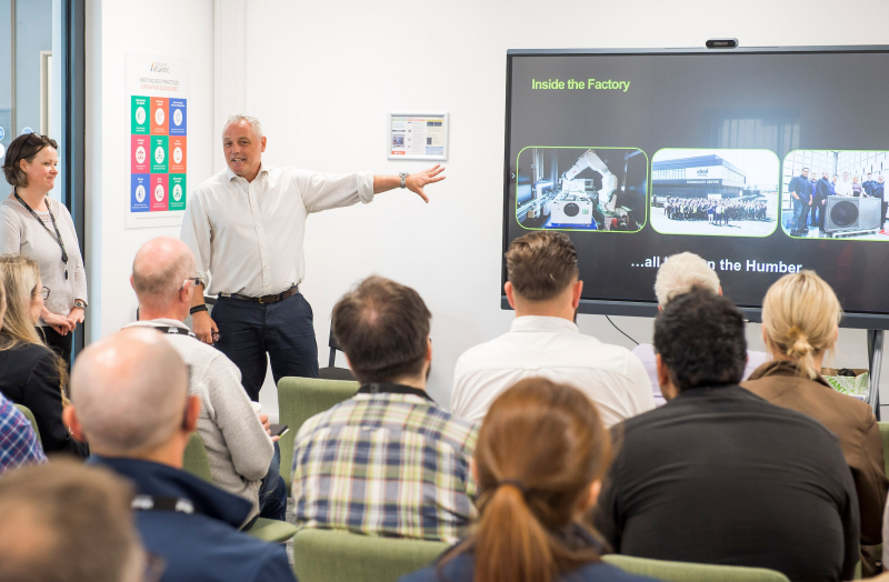 Ideal Heating chief operating officer Jason Speedy welcomes guests to Ideal Heating’s Hull headquarters and briefs them on the company’s wide-ranging investments in its operations, facilities and products